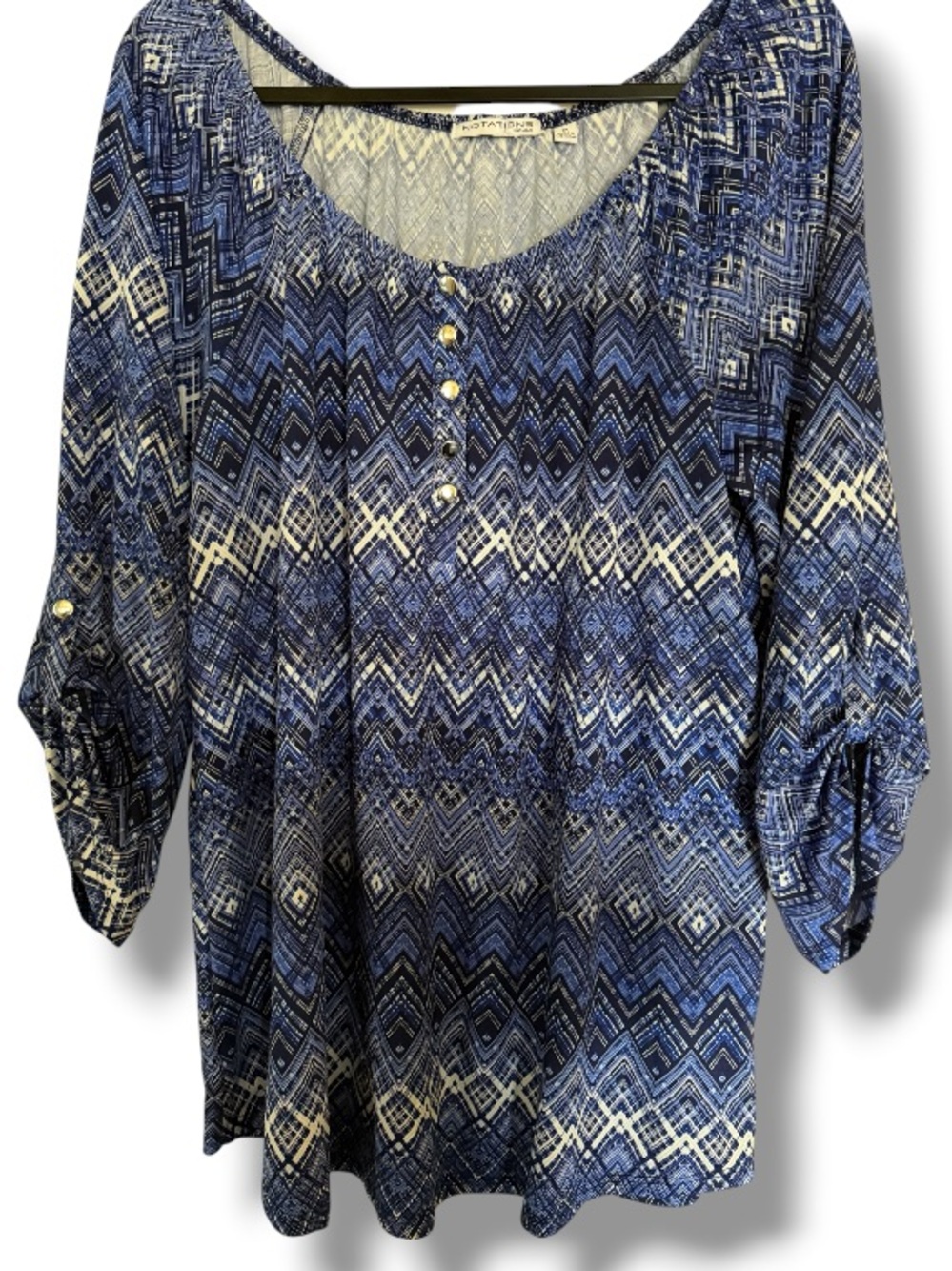 Notations Women’s Plus Size Blue Patterned Stretchy Flowy Top Blouse NWT